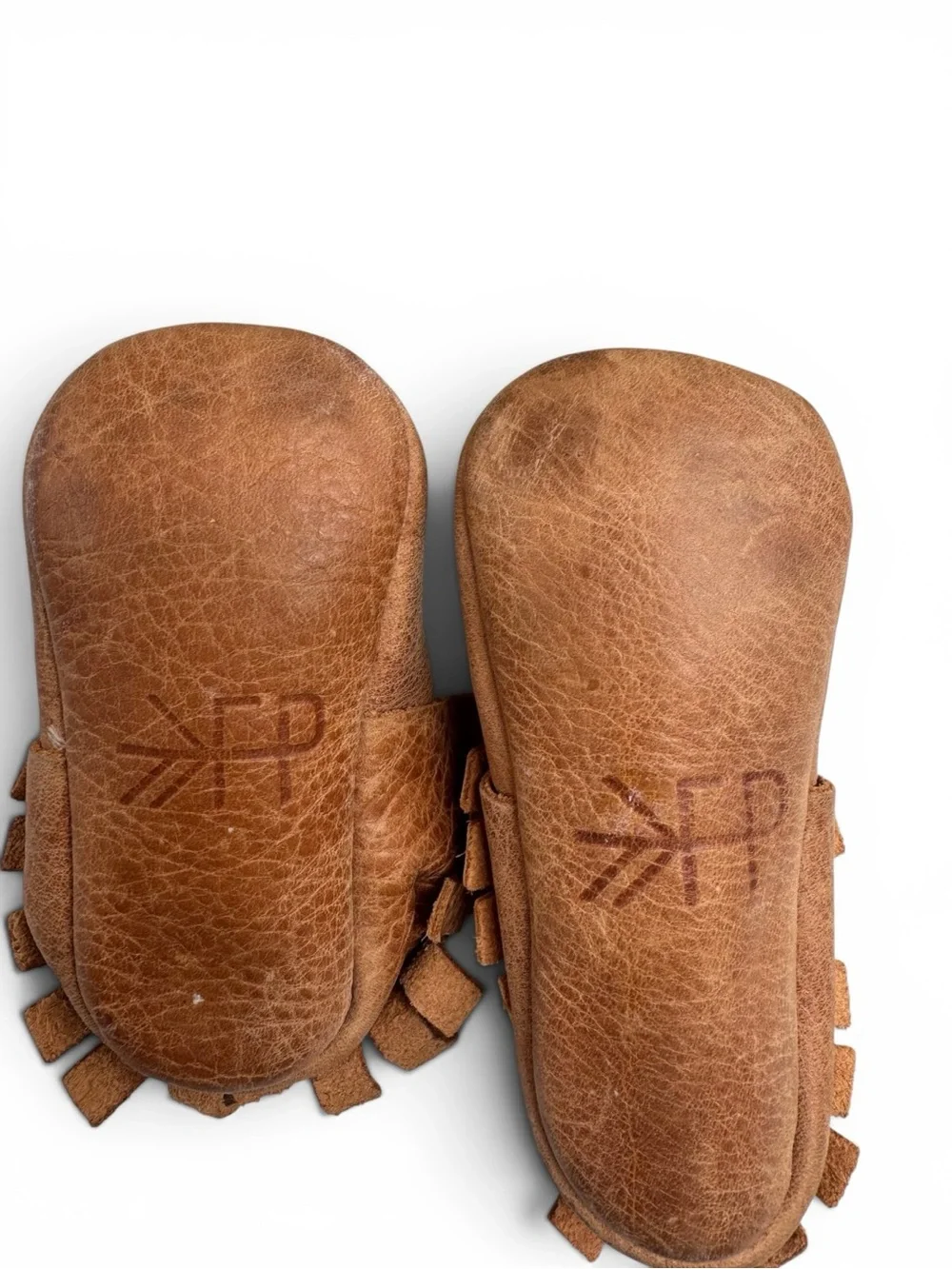 Freshly Picked Weathered Brown Leather Baby Moccasins 4.75” EUC No Size Tag